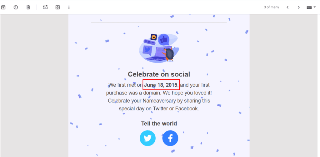 Namecheap email notification celebrating a 9th Nameaversary with a date of June 18, 2015.