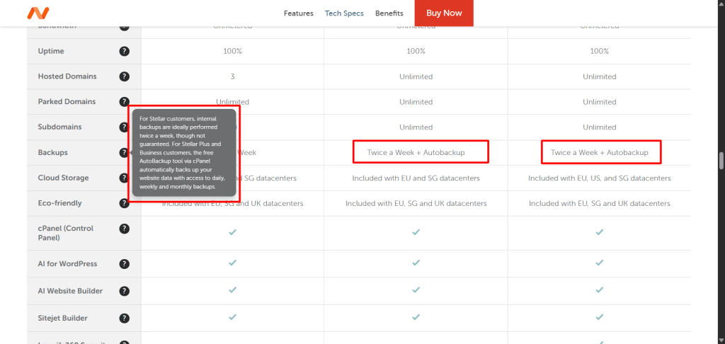 namecheap shared hosting plan backup features Table showing Namecheap shared hosting plan backup features with tooltip explaining automatic backup frequency.