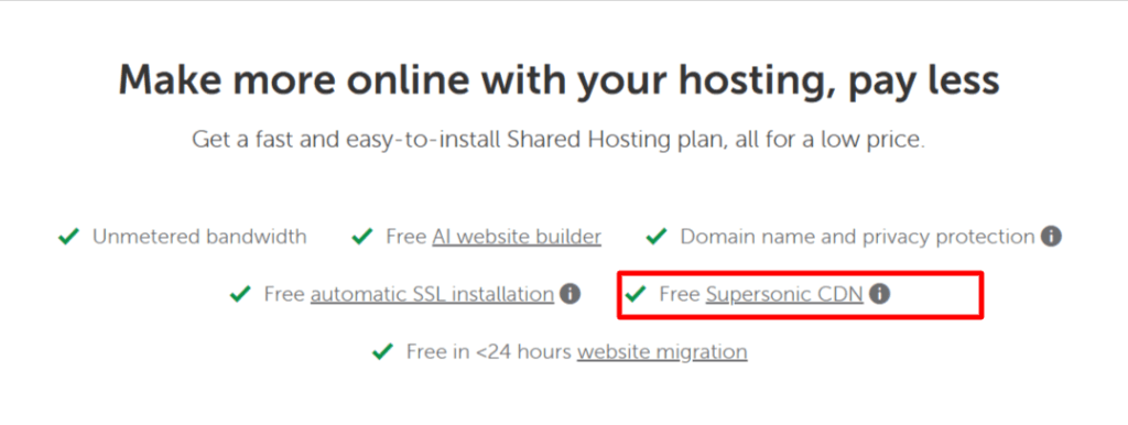namecheap shared hosting plan features free cdn Namecheap hosting features list displaying free Supersonic CDN, SSL, unmetered bandwidth, AI website builder, domain protection, and website migration.