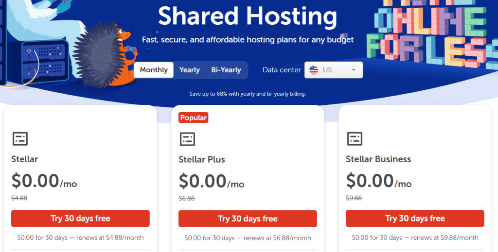 Namecheap shared hosting plans page showing Stellar, Stellar Plus, and Stellar Business options with 30-day free trial buttons.