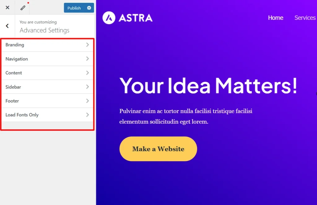 Fonts Plugin Advanced Settings panel showing font customization options for Branding, Navigation, Content, Sidebar, Footer, and Load Fonts Only.