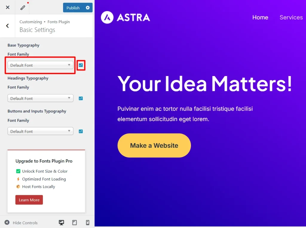 Fonts Plugin Basic Settings panel showing font family dropdown selectors for Base Typography, Headings, and Buttons in the WordPress customizer.