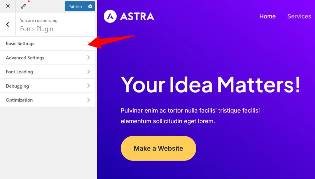Fonts Plugin customizer panel in WordPress showing Basic Settings highlighted with a red arrow.