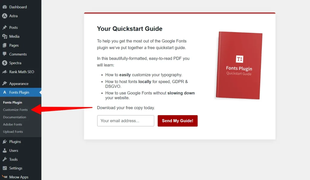 Olympus Google Fonts Plugin menu in the WordPress dashboard with the Customize Fonts option highlighted by a red arrow.