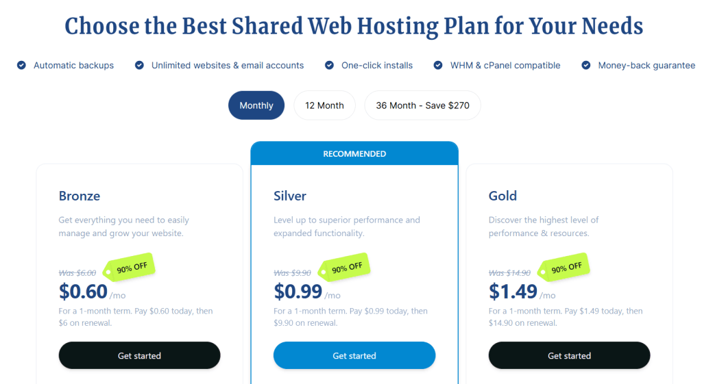 Verpex shared hosting plans Bronze, Silver, and Gold with monthly, 12 month, and 36 month pricing options and first month discount offer.
