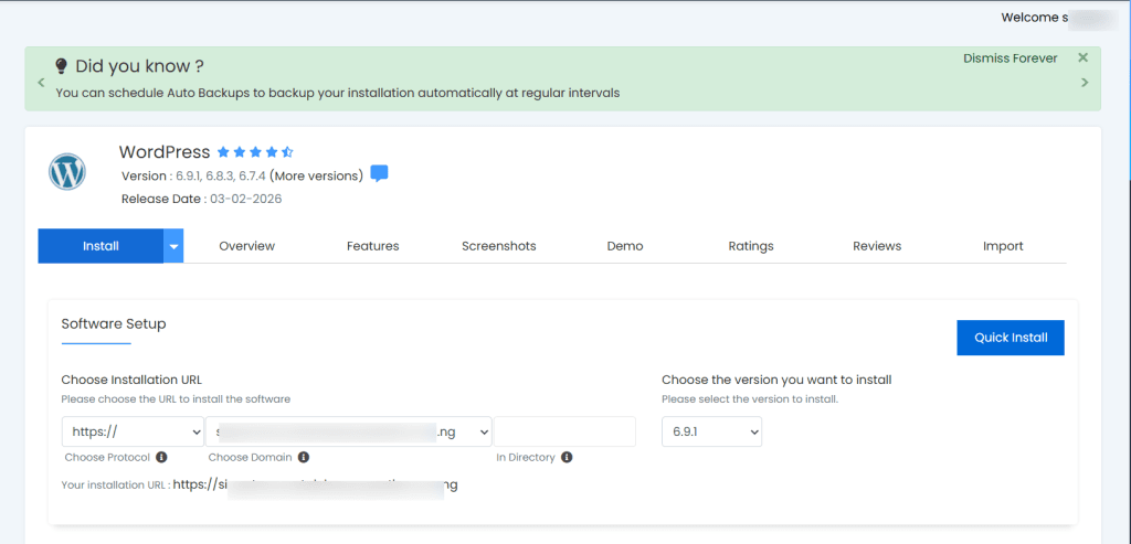 Softaculous interface for installing WordPress showing version 6.9.1 and software setup fields.