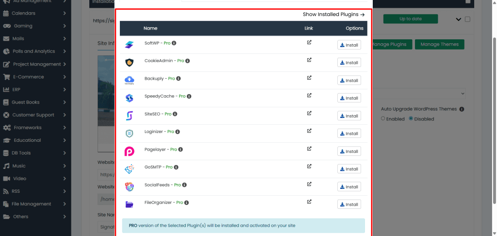 Softaculous WordPress plugin installer showing list of available Pro plugins like SoftWP, Backuply, SiteSEO, Loginizer, and PageLayer.