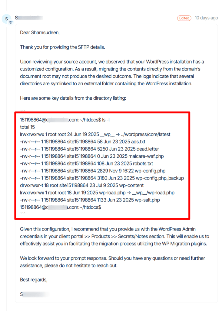 Verpex support ticket email highlighting directory listing details for a customized WordPress configuration migration.