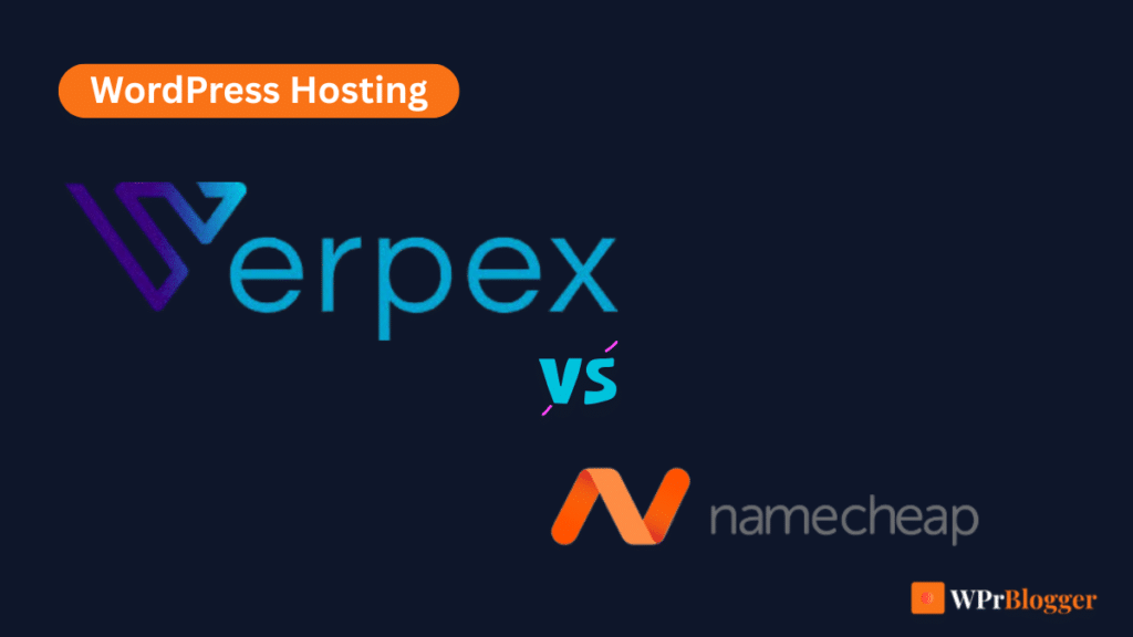 Verpex and Namecheap logos with a yellow and orange burst icon displaying VS on a deep blue background.