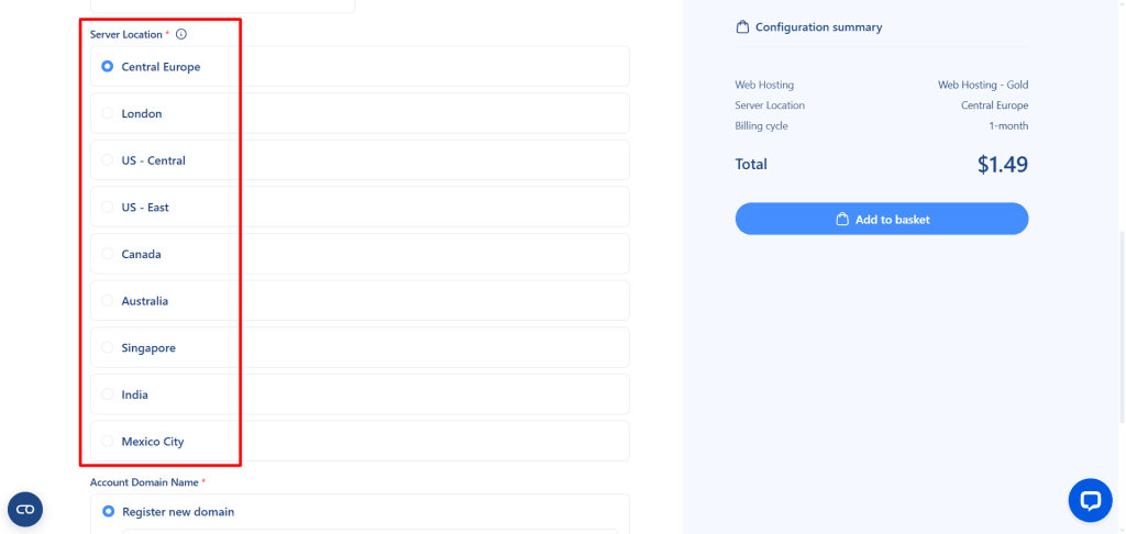 Verpex hosting checkout page displaying a list of selectable global server locations.