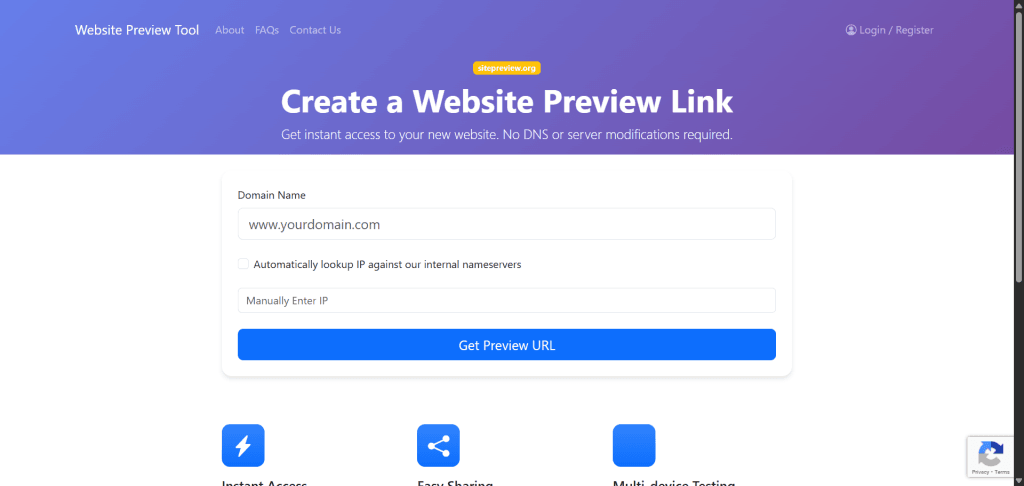 Website Preview Tool landing page for generating preview links without requiring DNS or server changes.