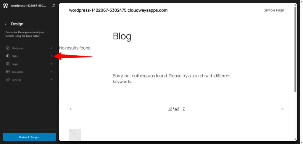 WordPress Full Site Editor Design panel with the Styles option highlighted by a red arrow.