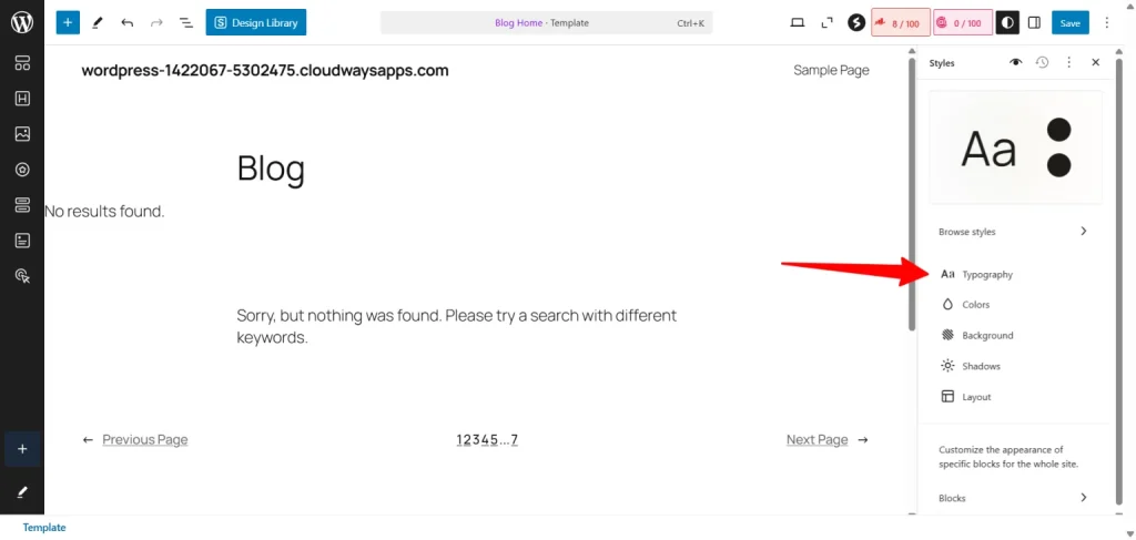 WordPress Full Site Editor Styles panel with the Typography option highlighted by a red arrow.