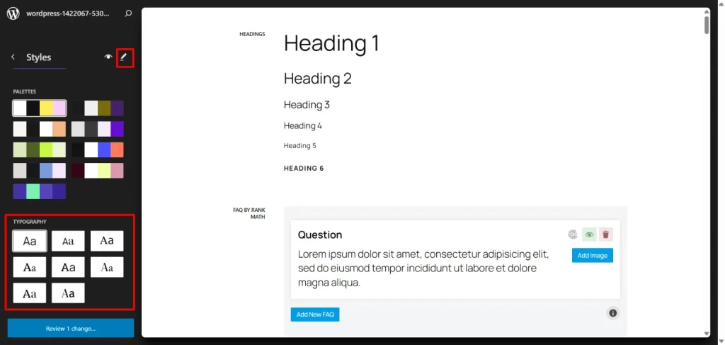 WordPress Full Site Editor Styles panel showing color palette and typography font family presets for theme customization.
