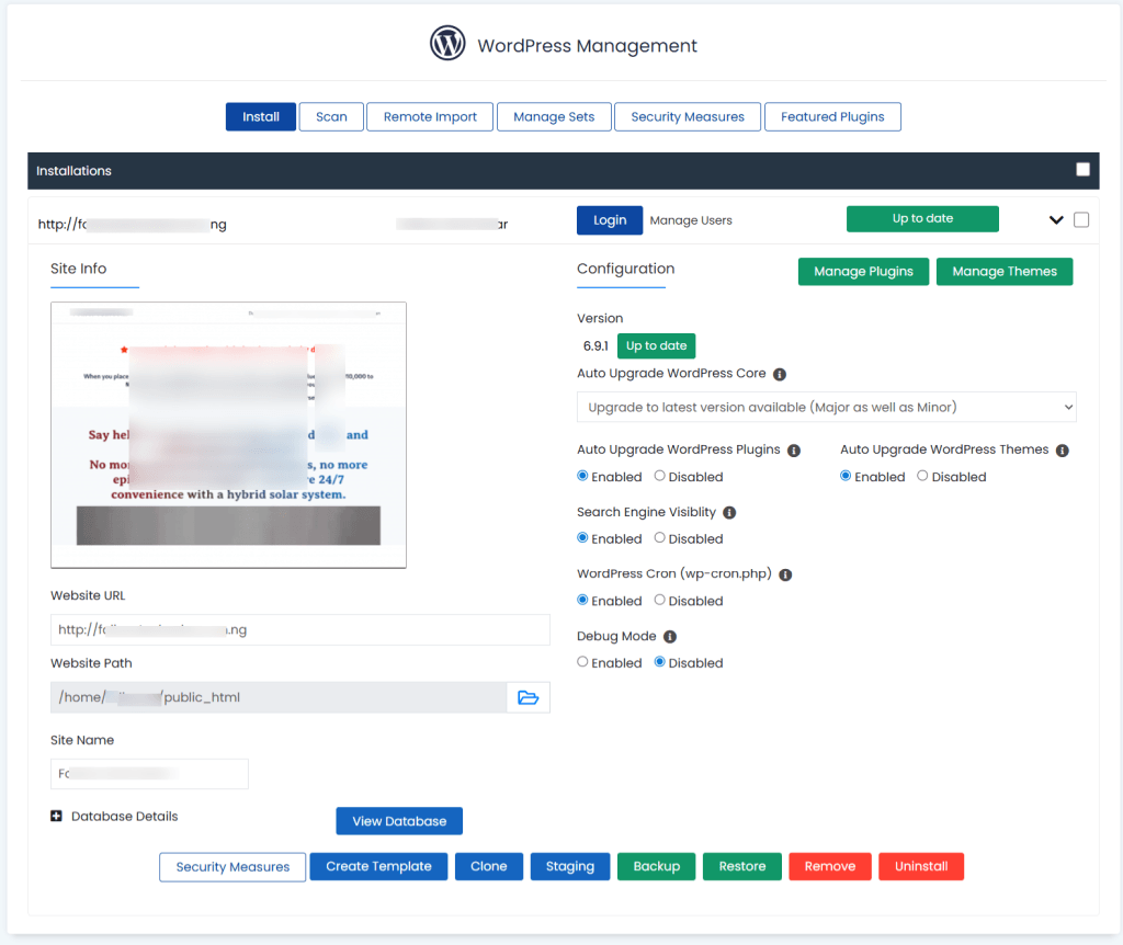 wordpress management by softaculous dashboard WordPress Management by Softaculous dashboard showing site installation details, plugin management, and configuration settings in cPanel.