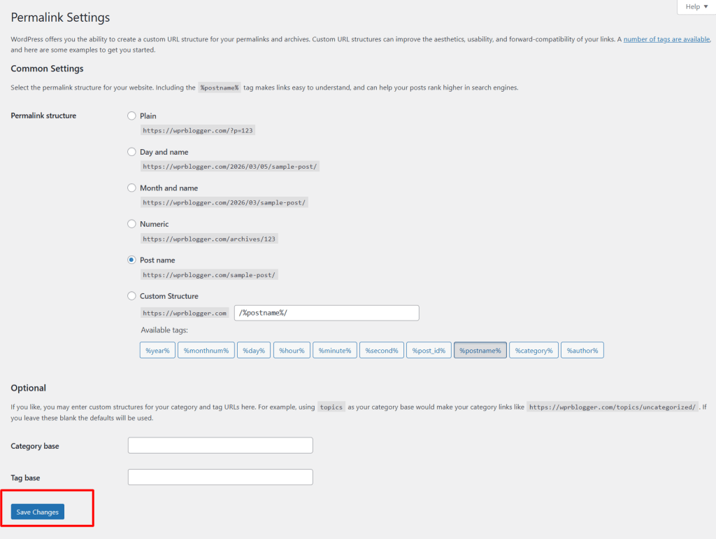 WordPress settings screen for permalinks showing the Post name option selected and the Save Changes button.