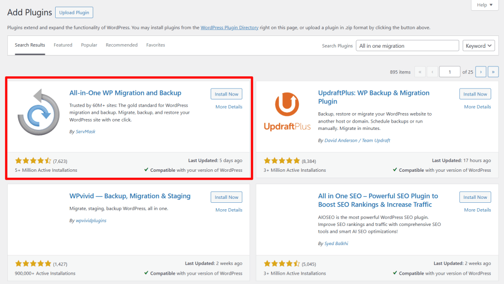 WordPress plugins page displaying search results for migration tools, highlighting the All-in-One WP Migration and Backup plugin.