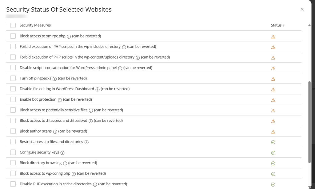 WordPress security settings checklist showing recommended security measures like blocking XML-RPC access, disabling file editing, enabling bot protection, and restricting file permissions.
