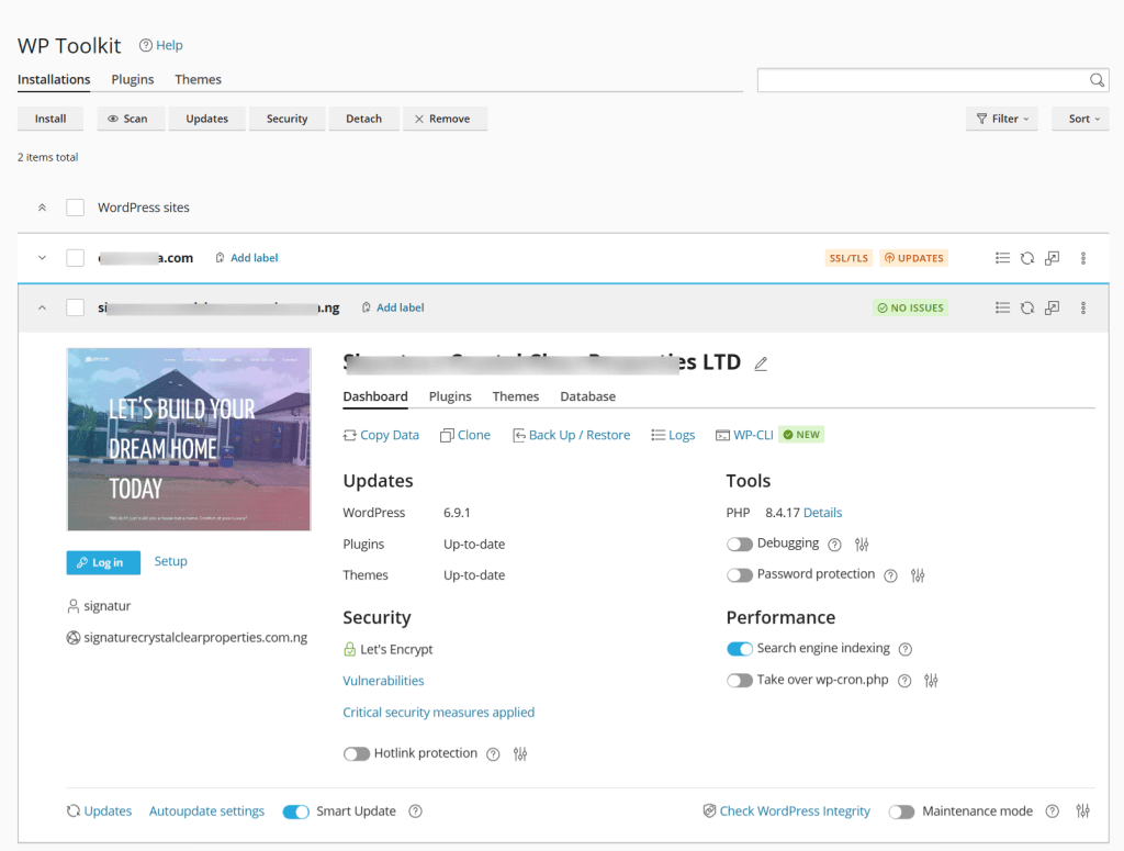 WP Toolkit cPanel interface displaying WordPress installation details, site management tools, and performance settings.