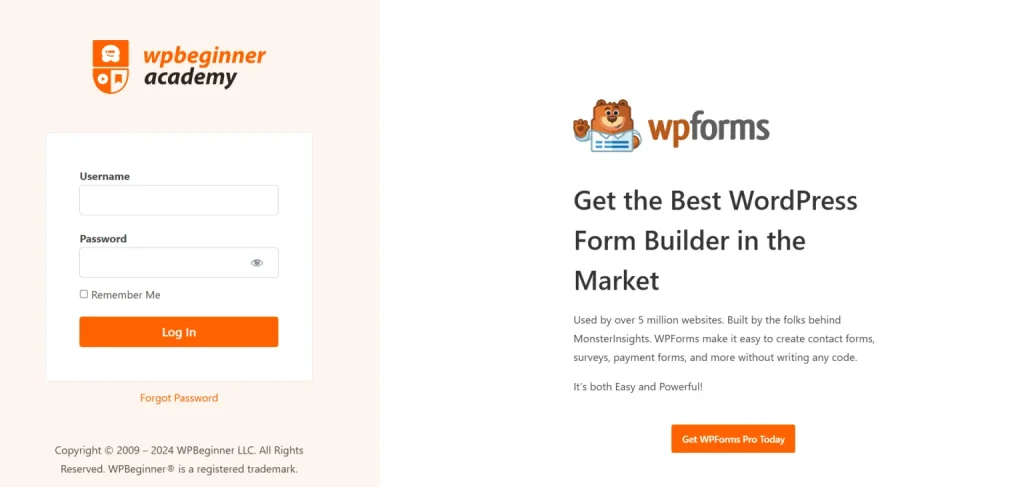 WPBeginner Academy custom WordPress login page with username and password fields alongside a WPForms promotional banner