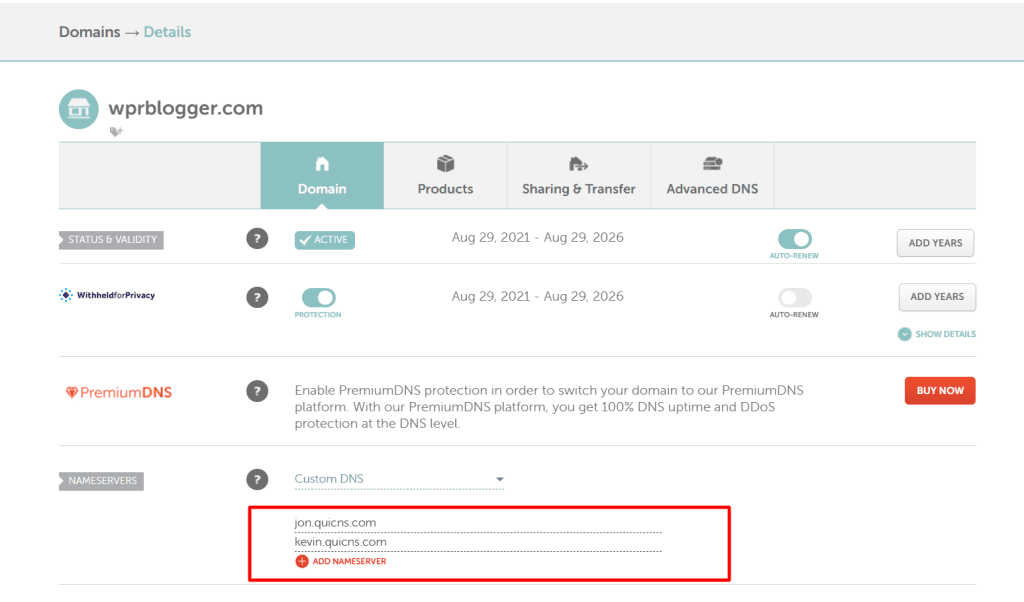 Domain dashboard for wprblogger.com showing custom nameservers jon.quicns.com and kevin.quicns.com under the Namecheap interface.