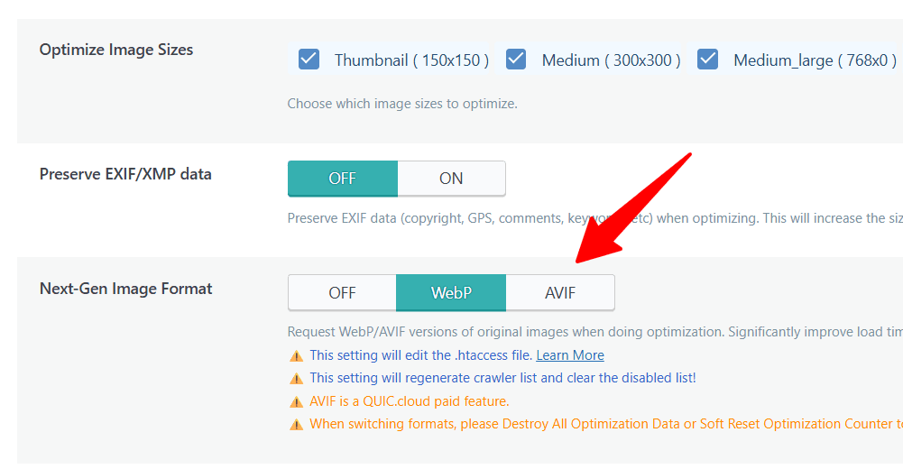 LiteSpeed Cache image optimization settings showing Next Gen Image Format set to WebP and AVIF as other option in WordPress dashboard.