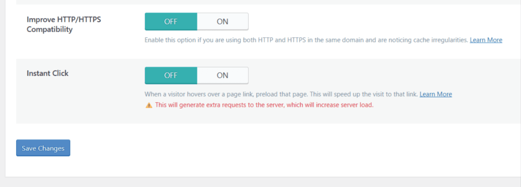 WordPress dashboard showing LiteSpeed Cache advanced settings for Improve HTTP/HTTPS Compatibility and Instant Click link preloading.