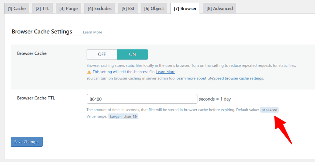 WordPress dashboard showing LiteSpeed Cache browser settings with the browser cache toggle set to On and a red box highlighting the configuration area.