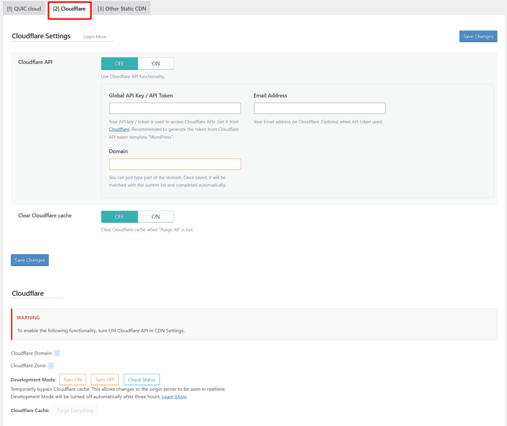 LiteSpeed Cache Cloudflare API settings with fields for Global API Key, Email Address, and Domain.