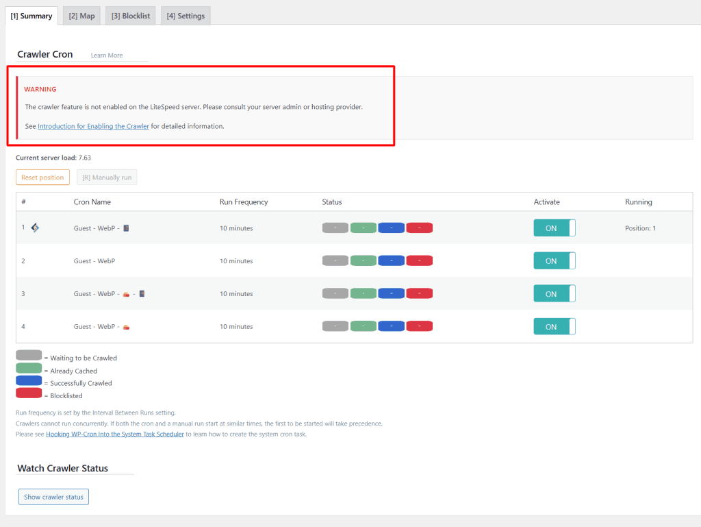 LiteSpeed Cache Crawler summary with a red warning box stating the crawler feature is not enabled on the server.