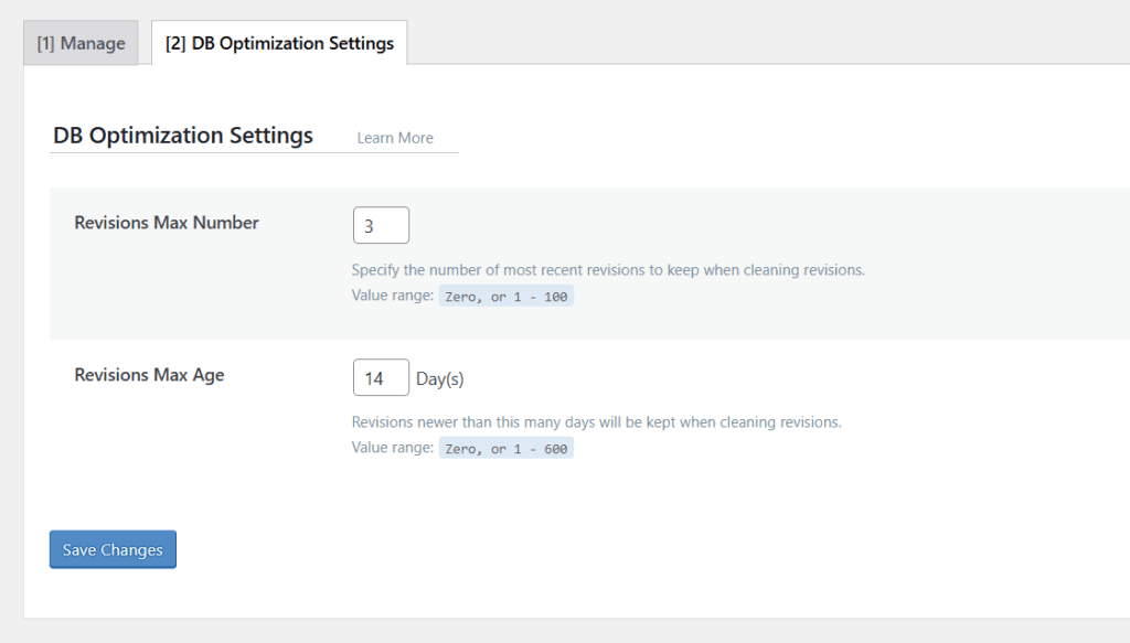 LiteSpeed Cache database optimization settings with Revisions Max Number set to 3 and Revisions Max Age set to 14 days.