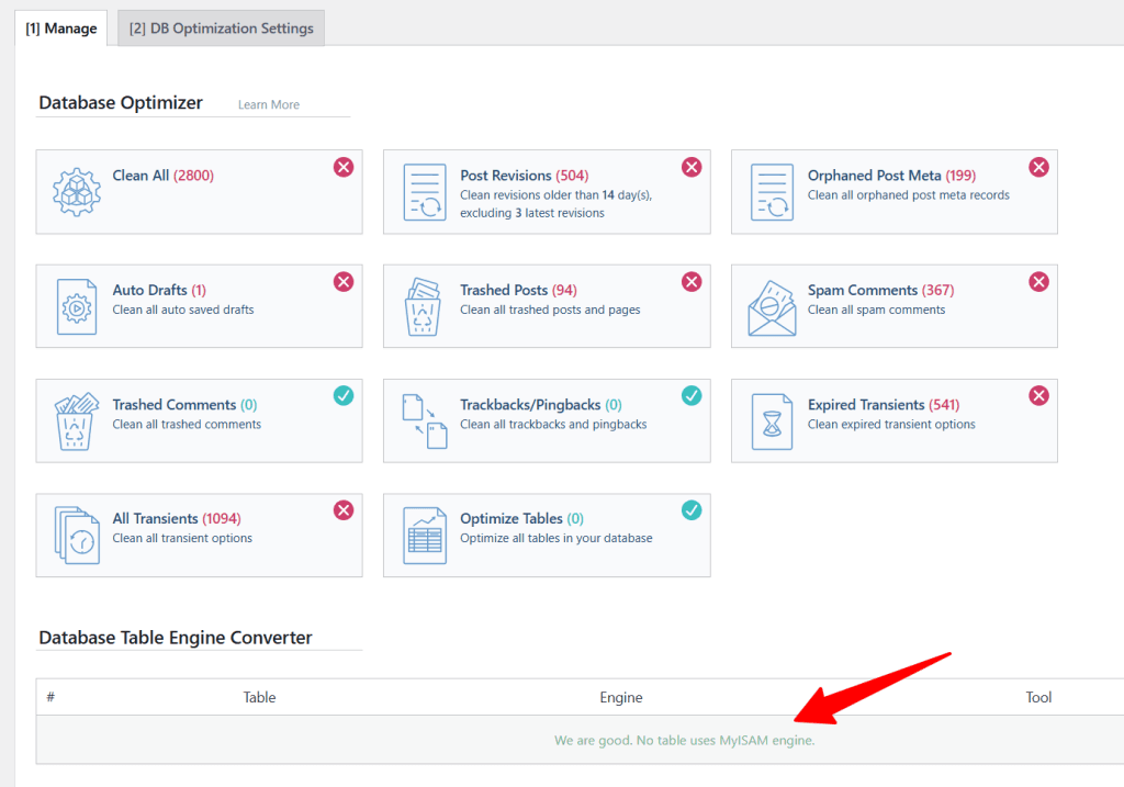 LiteSpeed Cache Database Optimizer with options to clean post revisions, orphaned meta, and transients, plus a table engine converter.