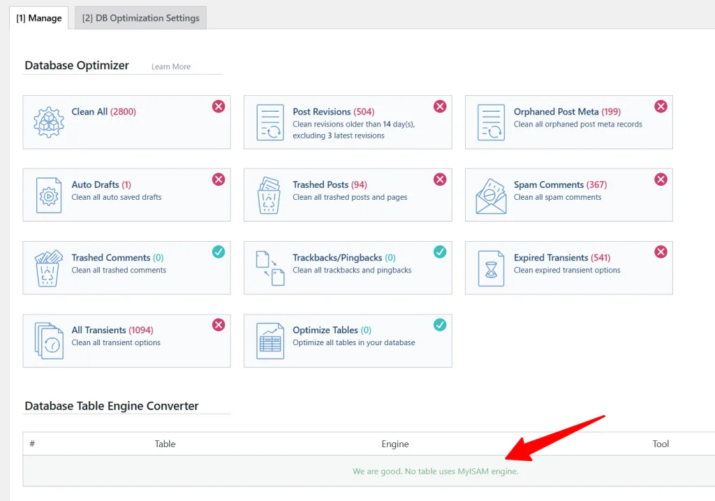 litespeed cache database optimizer manage LiteSpeed Cache Database Optimizer with options to clean post revisions, orphaned meta, and transients, plus a table engine converter.