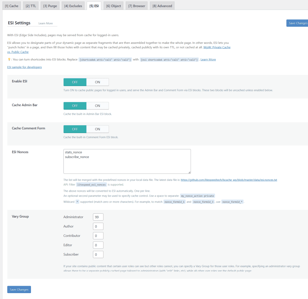 LiteSpeed Cache ESI settings with toggles for Enable ESI, Cache Admin Bar, and Cache Comment Form, including an ESI Nonces text area and Vary Group user role configurations.