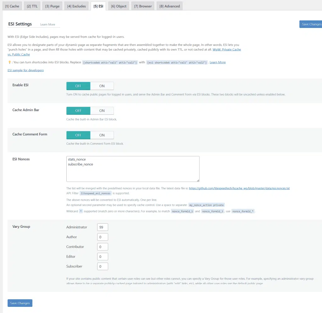litespeed cache esi edge side includes settings LiteSpeed Cache ESI settings with toggles for Enable ESI, Cache Admin Bar, and Cache Comment Form, including an ESI Nonces text area and Vary Group user role configurations.