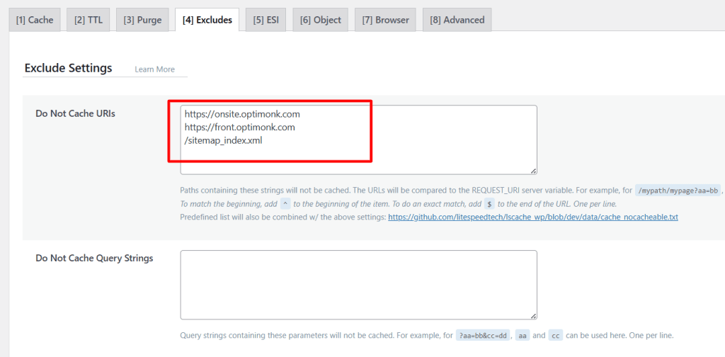 WordPress dashboard showing LiteSpeed Cache exclude settings with OptiMonk URLs and sitemap index added to the Do Not Cache URIs list.