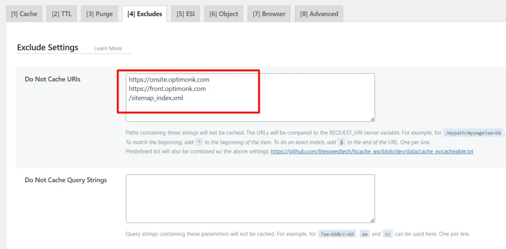 litespeed cache exclude settings do not cache uris WordPress dashboard showing LiteSpeed Cache exclude settings with OptiMonk URLs and sitemap index added to the Do Not Cache URIs list.