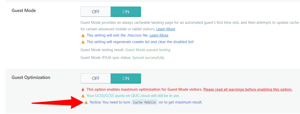 WordPress dashboard showing LiteSpeed Cache Guest Mode and Guest Optimization settings enabled with a notice to turn on Cache Mobile for maximum results.