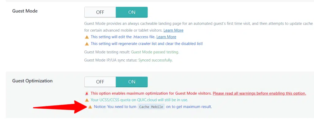 litespeed cache guest mode optimization settings WordPress dashboard showing LiteSpeed Cache Guest Mode and Guest Optimization settings enabled with a notice to turn on Cache Mobile for maximum results.