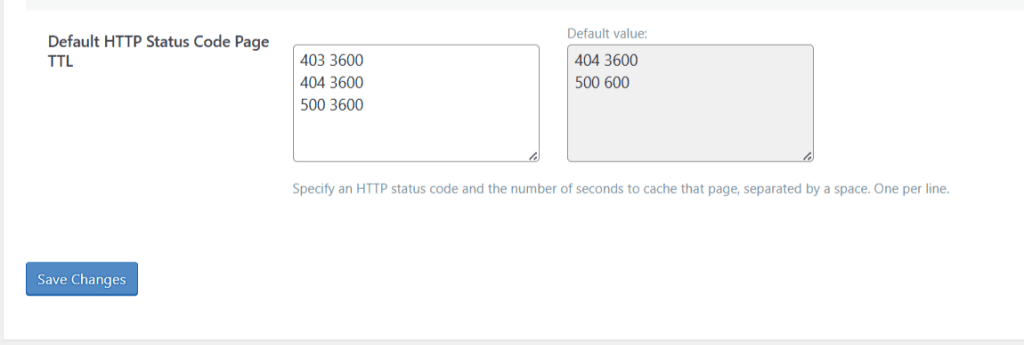 WordPress dashboard showing LiteSpeed Cache settings for Default HTTP Status Code Page TTL with custom values for 403, 404, and 500 error pages.