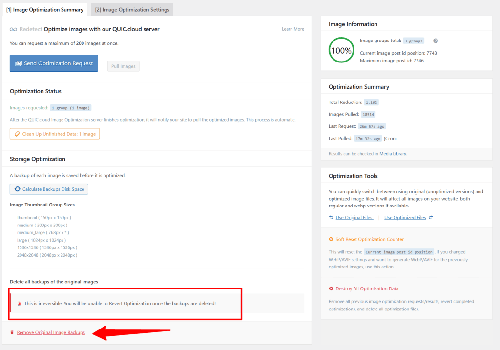 LiteSpeed Cache image optimization summary with a red box and arrow highlighting the option to remove original image backups.