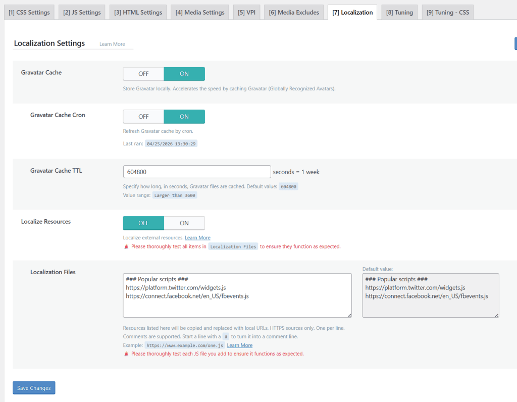 LiteSpeed Cache localization settings with Gravatar Cache and Gravatar Cache Cron enabled.