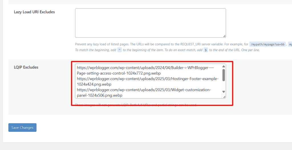 LiteSpeed Cache media exclude settings with specific image URLs added to the LQIP Excludes text area.