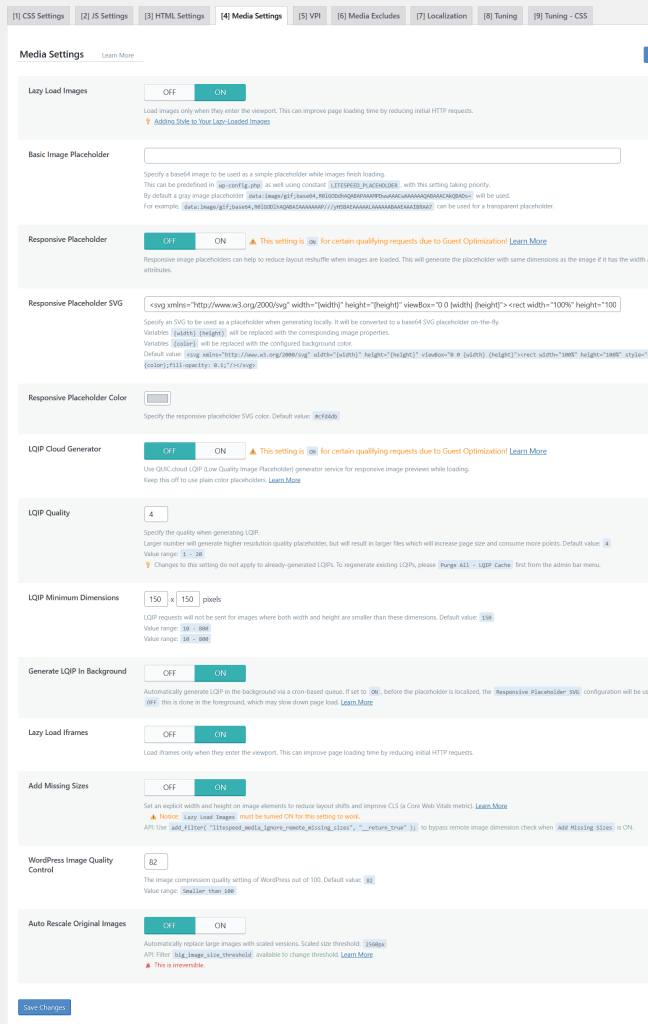 LiteSpeed Cache page optimization Media Settings with Lazy Load Images, Responsive Placeholder, and LQIP Cloud Generator enabled.