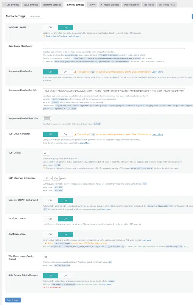 litespeed cache media optimization LiteSpeed Cache page optimization Media Settings with Lazy Load Images, Responsive Placeholder, and LQIP Cloud Generator enabled.