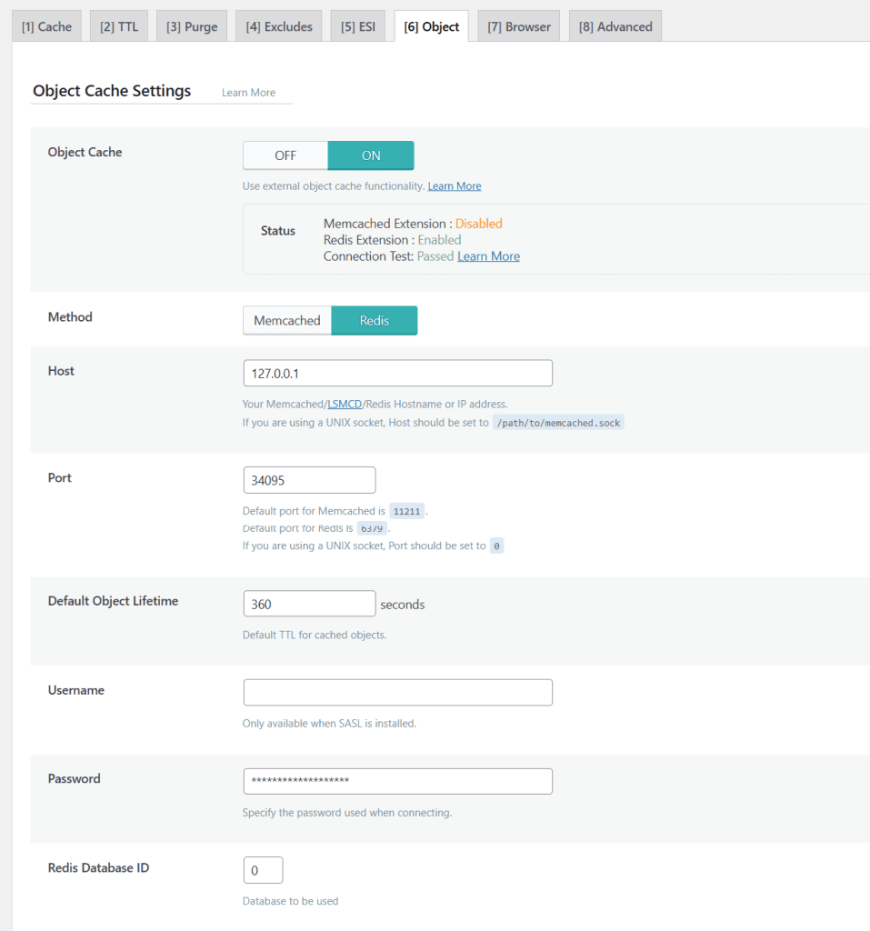WordPress dashboard showing LiteSpeed Cache object cache settings with Redis method enabled, showing connection status and database configuration.
