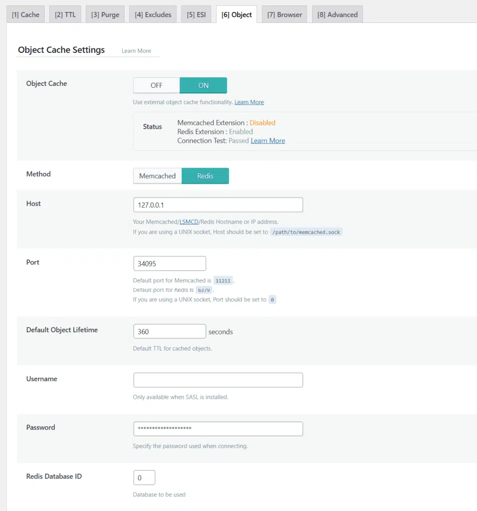 litespeed cache object cache redis configuration settings WordPress dashboard showing LiteSpeed Cache object cache settings with Redis method enabled, showing connection status and database configuration.