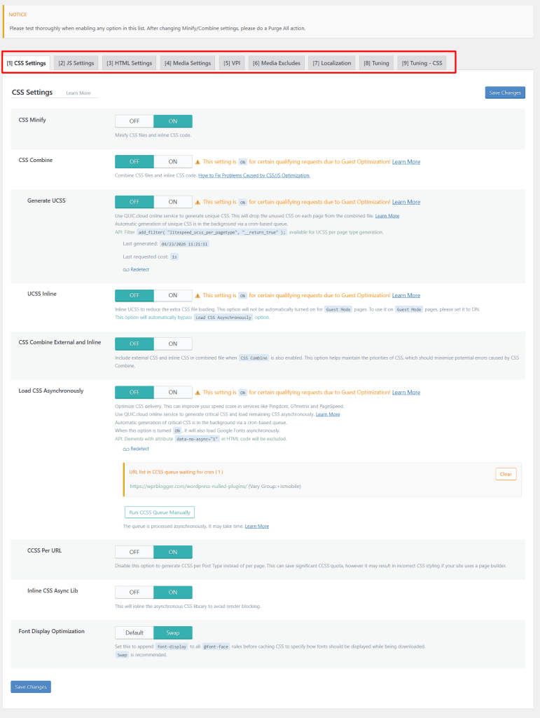 LiteSpeed Cache page optimization CSS settings with Minify, Combine, and Generate UCSS enabled.
