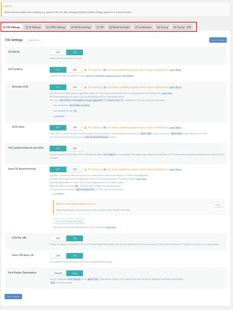 litespeed cache page optimization LiteSpeed Cache page optimization CSS settings with Minify, Combine, and Generate UCSS enabled.