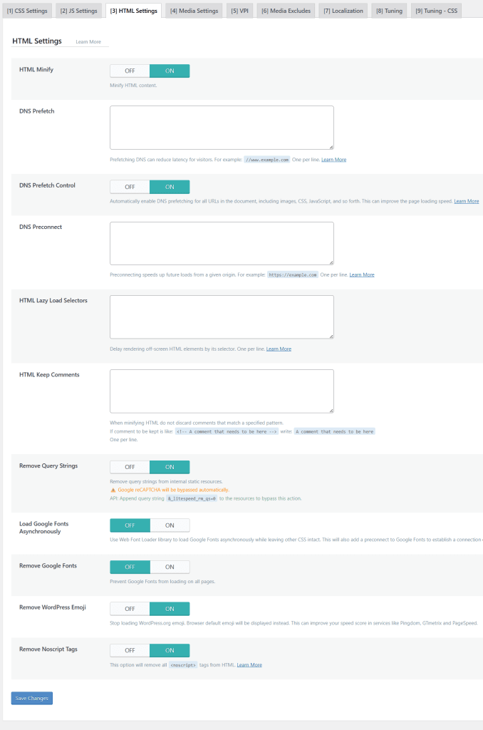 LiteSpeed Cache page optimization HTML settings with HTML Minify enabled and various removal options like Emojis and Query Strings.